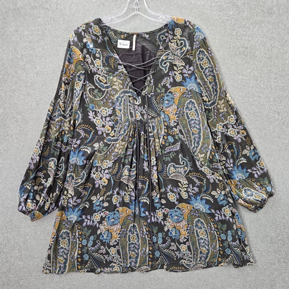 Free People Women Dress XS Gray‎ Paisley Floral Rain Or Shine Mini A Line Boho
